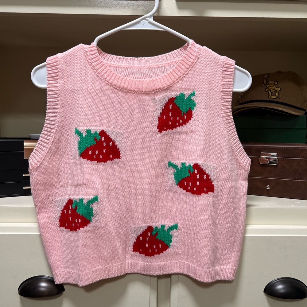 Strawberry Pattern Pink Knitted Tank Top